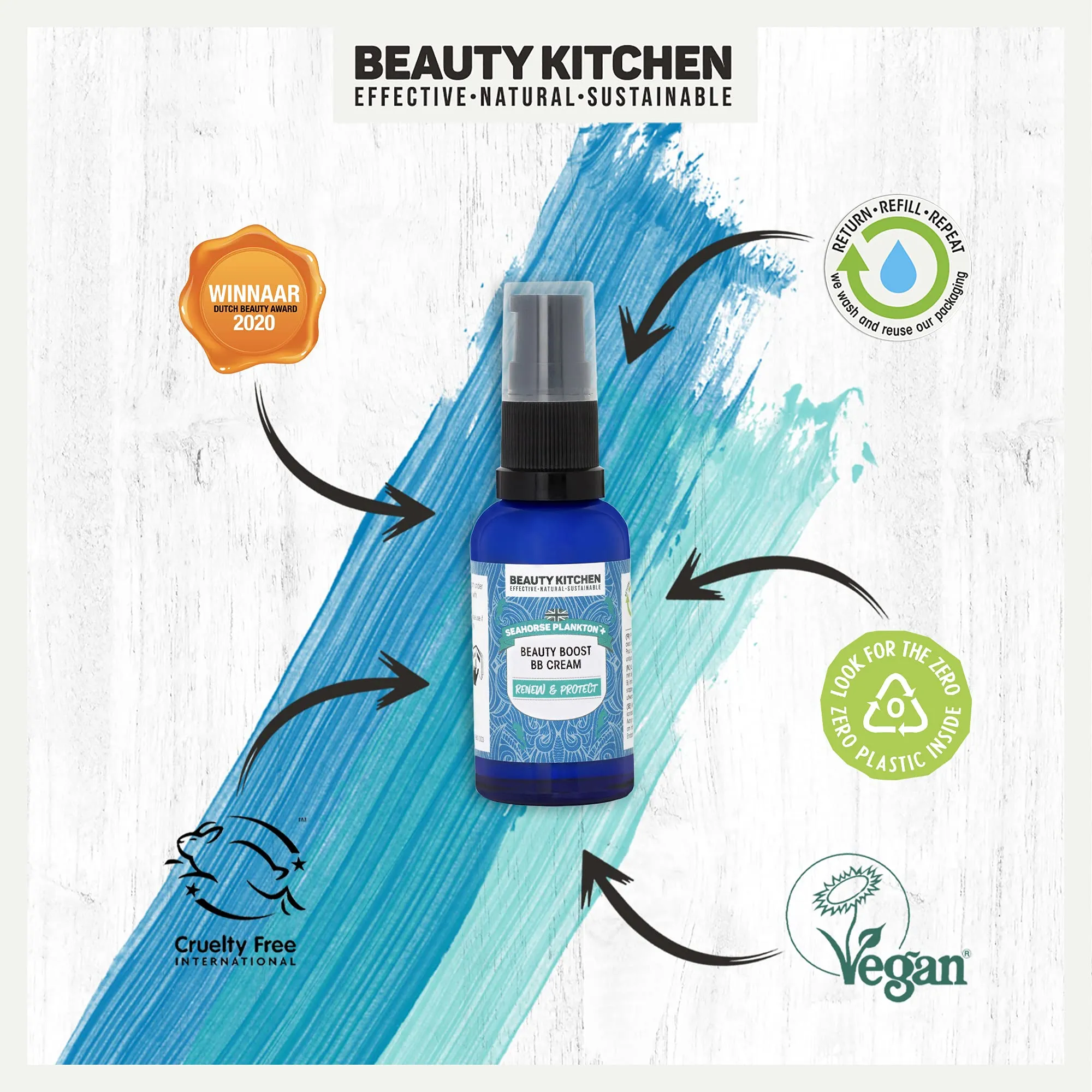 Beauty Kitchen Seahorse Plankton  Beauty Boost BB Cream - 30ml Refillable Eco-friendly Bottle - Vegan Natural Cream